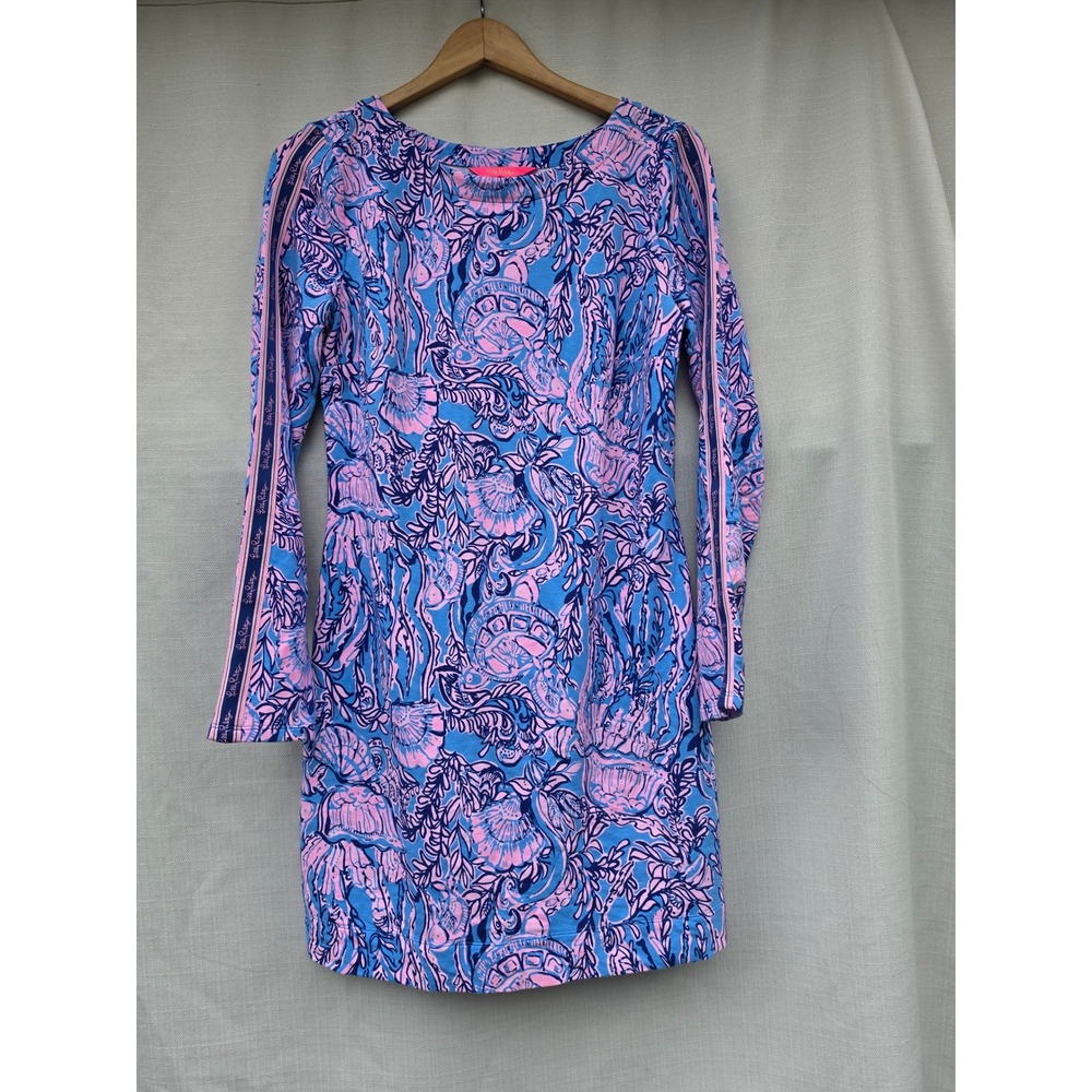 Lilly Pulitzer Dress Sz M Hollee Shift French Terry Logo Tape Shell Me About It